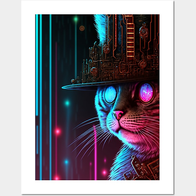 Cool Cyberpunk Steampunk Cat Detective Wall Art by Obotan Mmienu